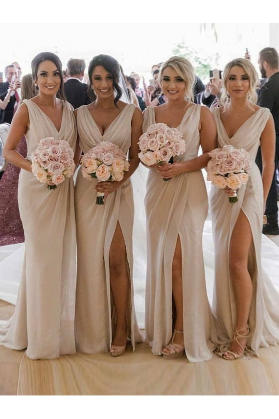 Long Sleeveless Soft Chiffon Champagne A-Line Bridesmaid Dress Newcastle