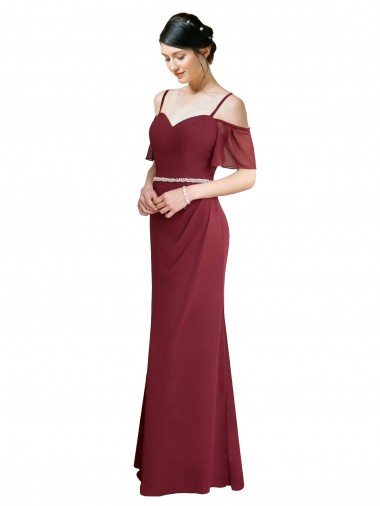 Long Cold Shoulder Soft Chiffon Burgundy A-Line Bridesmaid Dress Newcastle