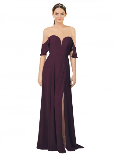 Long Cold Shoulder Soft Chiffon Grape Sheath Formal Dress / Bridesmaid Dress Newcastle