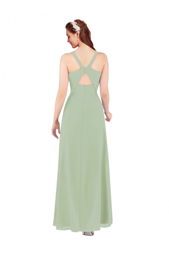 Long Sleeveless Soft Chiffon Smoke Green Sheath Bridesmaid Dress Newcastle