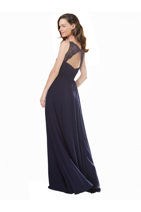 Long Sleeveless Soft Chiffon & Lace Dark Navy A-Line Bridesmaid Dress Newcastle