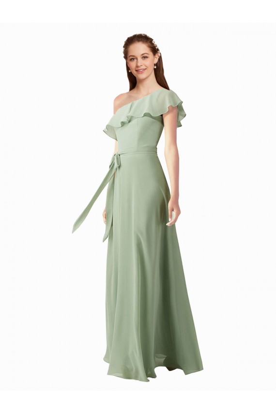 Long Flutter Sleeves Soft Chiffon Smoke Green A-Line Bridesmaid Dress Newcastle