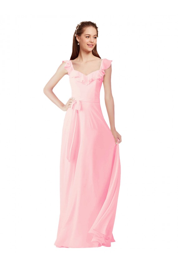 Long Cap Sleeves Soft Chiffon Pink A-Line Bridesmaid Dress Newcastle