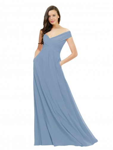 Long Sleeveless Chiffon Dusty Blue Off the Shoulder A-Line Bridesmaid Dress / Evening Gowns Newcastle