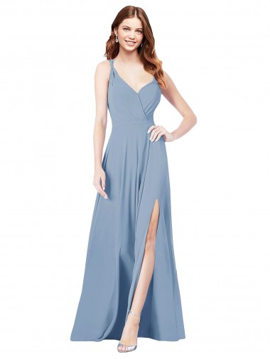 Long Sleeveless Soft Chiffon Dusty Blue Spaghetti Straps A-Line Formal Dress / Bridesmaid Dress Newcastle