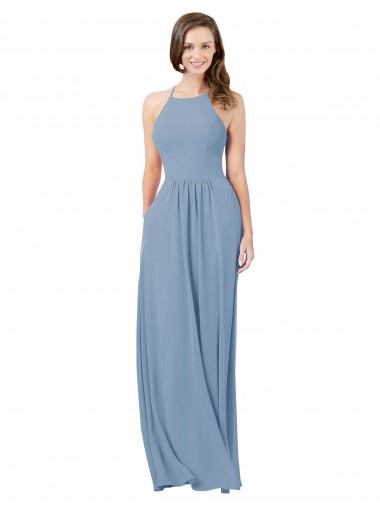 Long Sleeveless Chiffon Dusty Blue A-Line Bridesmaid Gowns Newcastle