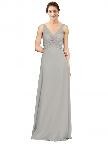 Long Sleeveless Soft Chiffon Silver V-Neck A-Line Bridesmaid Dress Newcastle