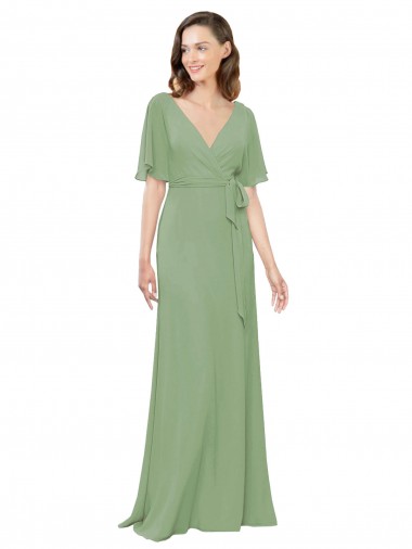 Long Short Flutter Sleeves Soft Chiffon Seagrass A-Line Bridesmaid Dress Newcastle