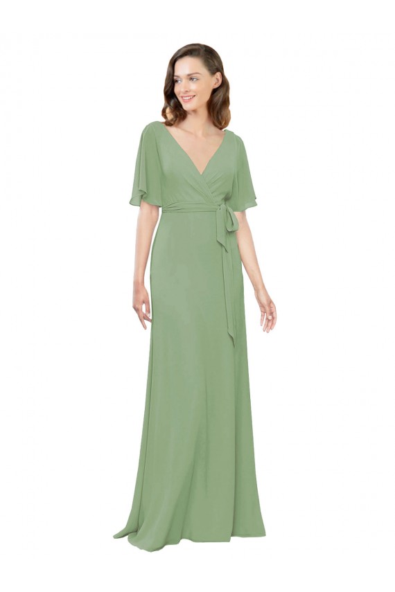 Long Short Flutter Sleeves Soft Chiffon Seagrass A-Line Bridesmaid Dress Newcastle