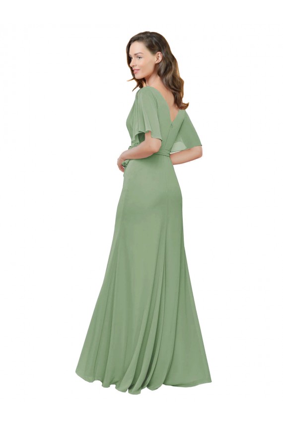 Long Short Flutter Sleeves Soft Chiffon Seagrass A-Line Bridesmaid Dress Newcastle