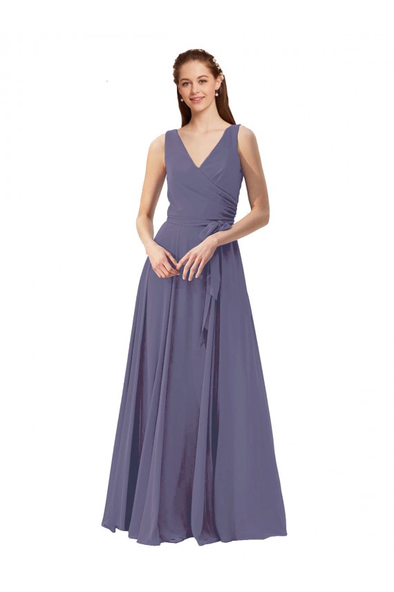 Long Sleeveless Soft Chiffon Silver Stone V-Neck A-Line Bridesmaid Dress Newcastle
