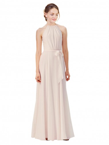 Long Sleeveless Soft Chiffon Cream Pink Bateau Neck A-Line Bridesmaid Dress Newcastle
