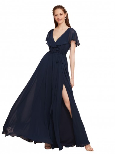 Long Cap Sleeves Chiffon Dark Navy A-Line Evening Gowns / Bridesmaid Dresses Newcastle