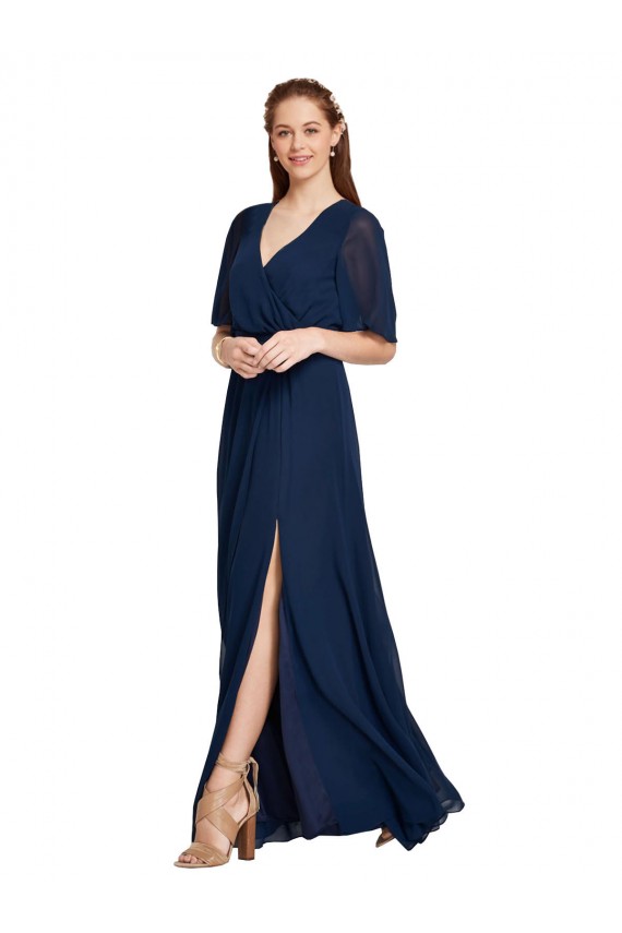 Long Flutter Sleeves Soft Chiffon Dark Navy A-Line Bridesmaid Dress / Formal Dress Newcastle
