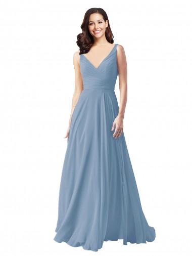 Long Sleeveless Chiffon Dusty Blue V-Neck A-Line Wedding Party Dress Newcastle