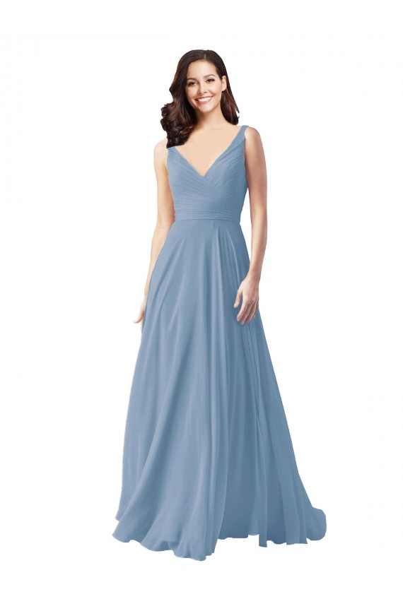 Long Sleeveless Chiffon Dusty Blue V-Neck A-Line Wedding Party Dress Newcastle
