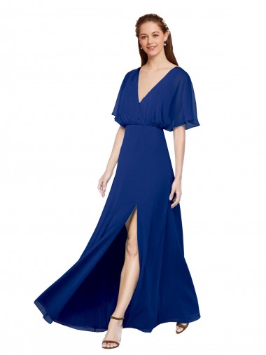 Long Flutter Sleeves Chiffon Royal Blue A-Line Bridesmaid Dress / Evening Gowns Newcastle