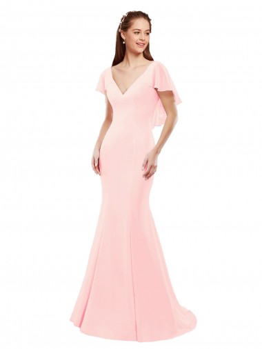 Long Flutter Sleeves Soft Chiffon Pink Mermaid Bridesmaid Dress Newcastle