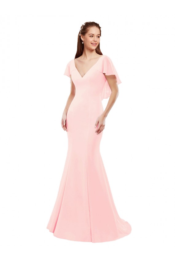 Long Flutter Sleeves Soft Chiffon Pink Mermaid Bridesmaid Dress Newcastle