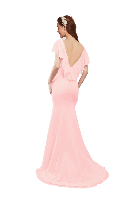 Long Flutter Sleeves Soft Chiffon Pink Mermaid Bridesmaid Dress Newcastle