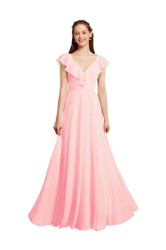 Long Cap Sleeves Chiffon Pink A-Line Bridesmaid Dress / Evening Gowns Newcastle