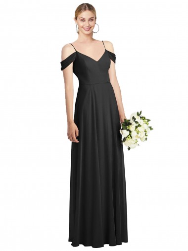 Long Cold Shoulder Soft Chiffon Black A-Line Semi Formal Evening Dress / Bridesmaid Dress Newcastle