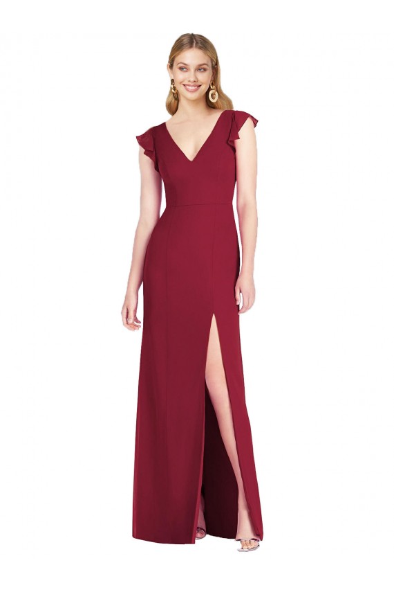 Long Ruffle Sleeves Soft Chiffon Burgundy Mermaid Bridesmaid Dress Newcastle