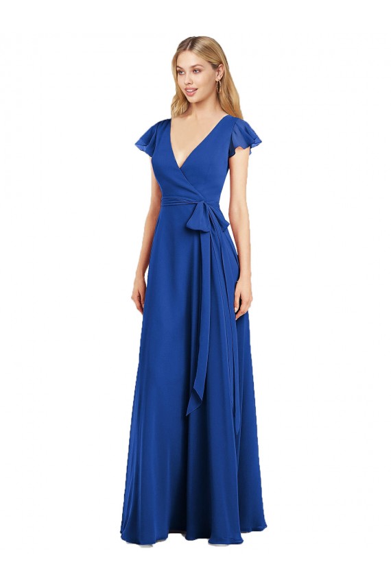 Long Flutter Sleeves Lxue Chiffon Royal Blue A-Line Bridesmaid Dress Newcastle