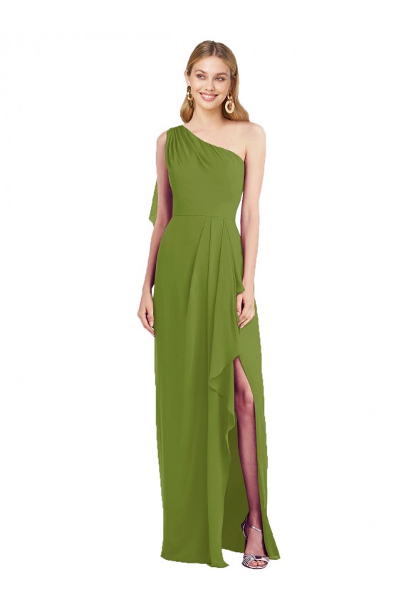 Long Sleeveless Soft Chiffon Olive Green One Shoulder Trumpet Bridesmaid Dress Newcastle