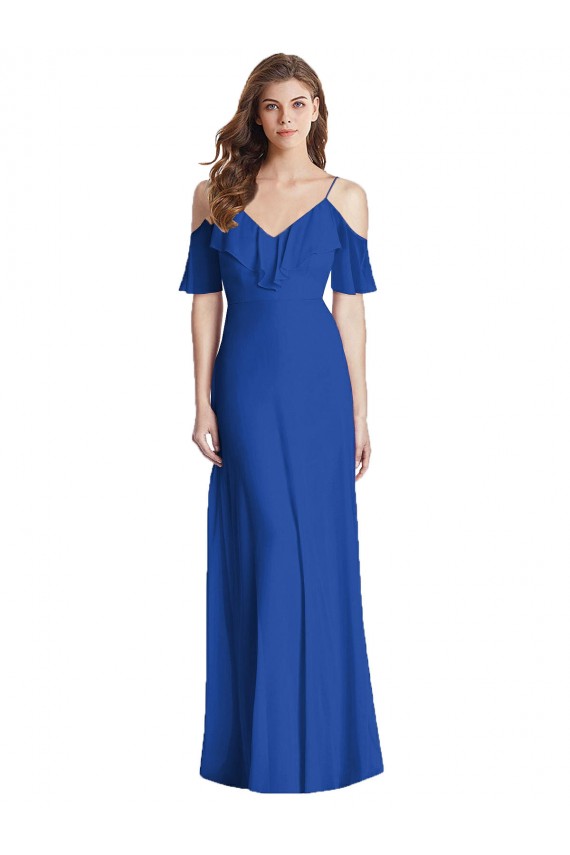 Long Cold Shoulder Soft Chiffon Royal Blue Trumpet Semi Formal Evening Dress / Bridesmaid Dress Newcastle