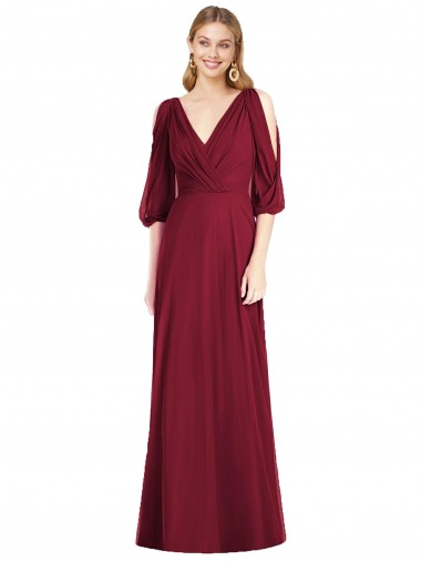 Long Bell Sleeves Soft Chiffon Burgundy Trumpet Formal Dress / Bridesmaid Dress Newcastle