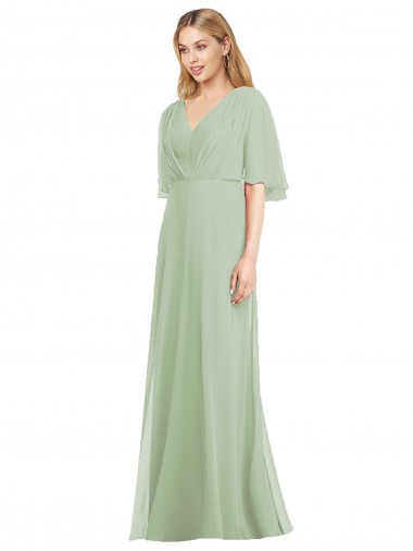 Long Flutter Sleeves Soft Chiffon Smoke Green Trumpet Bridesmaid Dress Newcastle