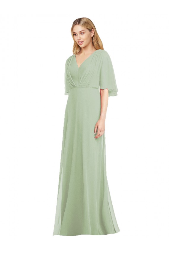 Long Flutter Sleeves Soft Chiffon Smoke Green Trumpet Bridesmaid Dress Newcastle