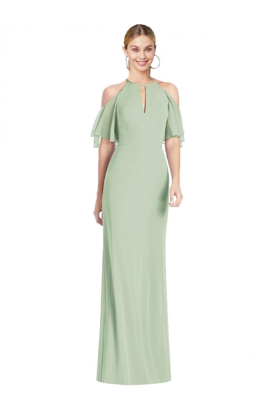 Long Cold Shoulder Soft Chiffon Sage Mermaid Semi Formal Evening Dress / Bridesmaid Dress Newcastle