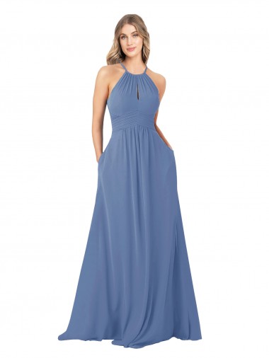 Long Sleeveless Soft Chiffon Windsor Blue High Neck A-Line Bridesmaid Dress Newcastle