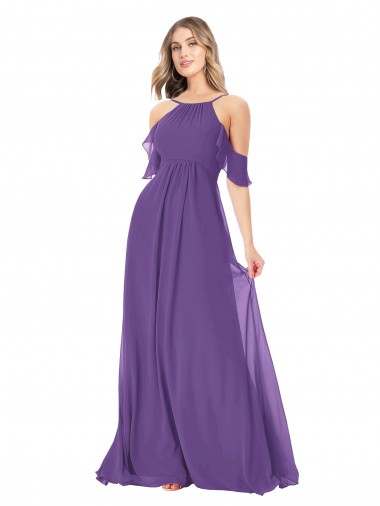 Long Cold Shoulder Soft Chiffon Plum Purple A-Line Bridesmaid Dress Newcastle