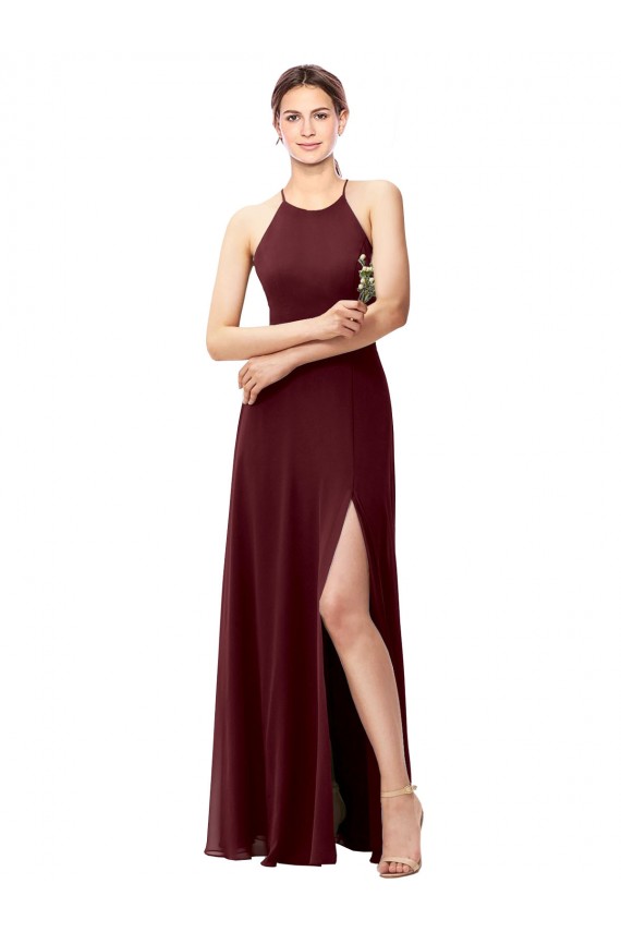 Long Sleeveless Soft Chiffon Burgundy Gold Halter Neck A-Line Bridesmaid Dress Newcastle