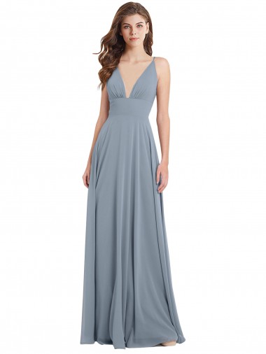 Long Sleeveless Chiffon Dusty Blue V-Neck A-Line Bridesmaid Dress / Evening Gowns Newcastle