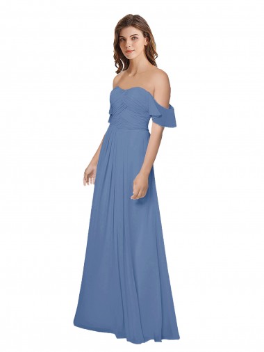 Long Flutter Sleeves Soft Chiffon Windsor Blue A-Line Bridesmaid Dress Newcastle