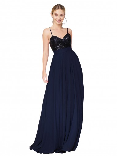 Long Sleeveless Soft Chiffon & Sequin Dark Navy A-Line Semi Formal Evening Dress / Prom Dress / Bridesmaid Dress Newcastle