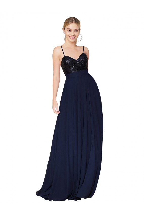 Long Sleeveless Soft Chiffon & Sequin Dark Navy A-Line Semi Formal Evening Dress / Prom Dress / Bridesmaid Dress Newcastle