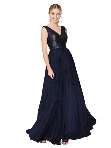 Long Sleeveless Soft Chiffon & Sequin Dark Navy A-Line Semi Formal Evening Gown / Prom Dress / Bridesmaid Dress Newcastle