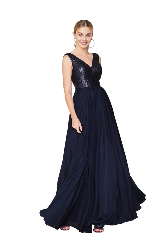 Long Sleeveless Soft Chiffon & Sequin Dark Navy A-Line Semi Formal Evening Gown / Prom Dress / Bridesmaid Dress Newcastle