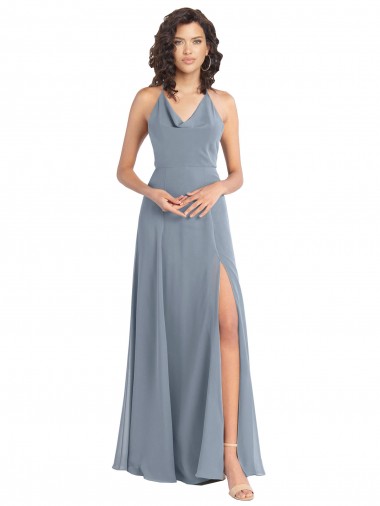 Long Sleeveless Soft Chiffon Dusty Blue Halter Neck A-Line Bridesmaid Dress Newcastle