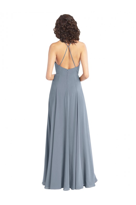 Long Sleeveless Soft Chiffon Dusty Blue Halter Neck A-Line Bridesmaid Dress Newcastle