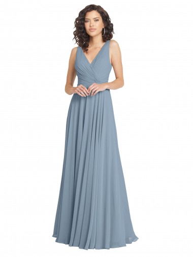 Long Sleeveless Soft Chiffon Dusty Blue V-Neck A-Line Bridesmaid Dress Newcastle