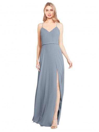 Long Sleeveless Soft Chiffon Dusty Blue A-Line Bridesmaid Gowns Newcastle