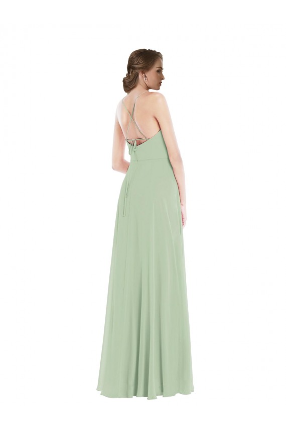 Long Sleeveless Soft Chiffon Sage Scoop Neck A-Line Semi Formal Evening Dress / Bridesmaid Dress Newcastle