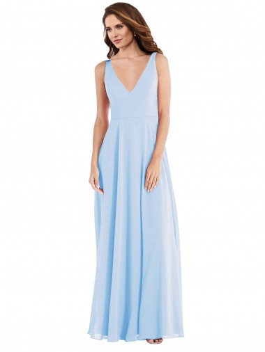 Long Sleeveless Soft Chiffon Light Sky Blue V-Neck A-Line Semi Formal Evening Dress / Bridesmaid Dress Newcastle