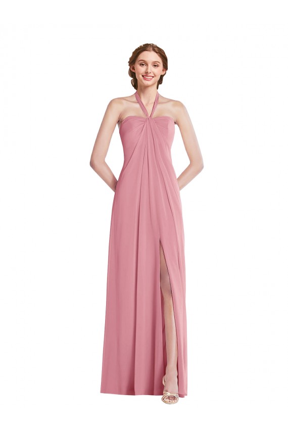 Long Sleeveless Soft Chiffon Skin Pink Halter Neck A-Line Semi Formal Evening Dress / Bridesmaid Dress Newcastle